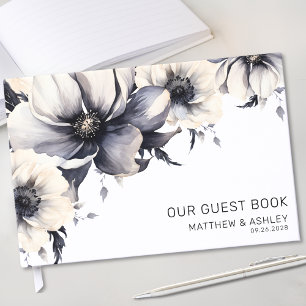 Modern Boho Black White Floral Wedding Guest Book