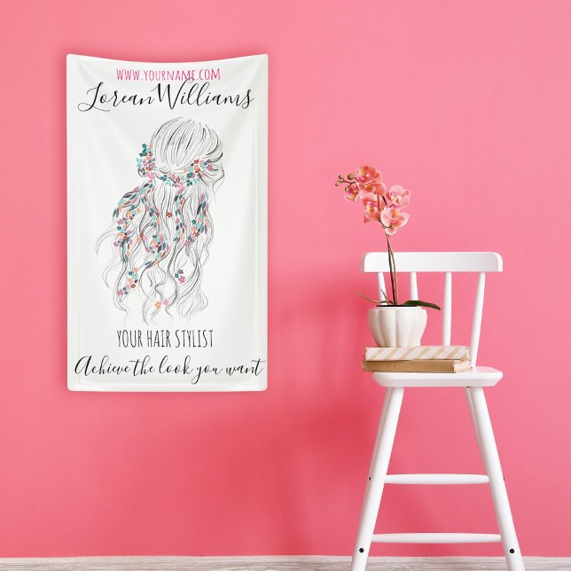 Modern Boho Black White Wavy Hair Style Floral  Banner (Creator Uploaded)