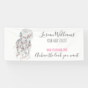 Modern Boho Black White Wavy Hair Style Floral Banner