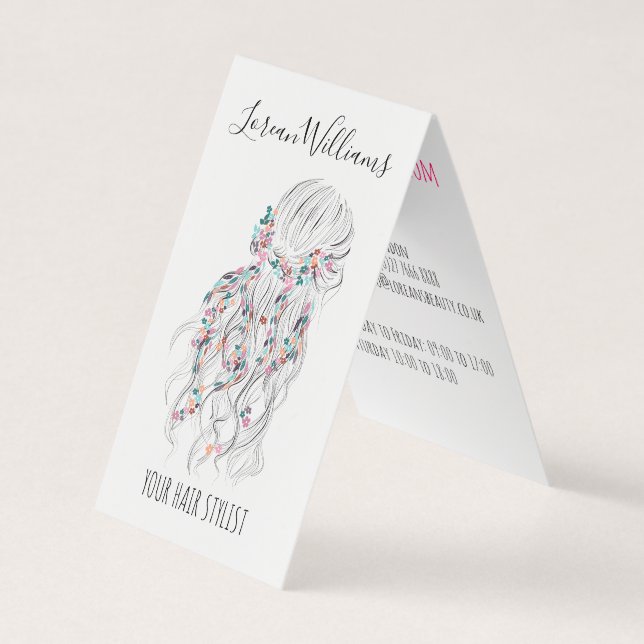 Modern Boho Black White Wavy Hair Style Floral  Business Card (Front)