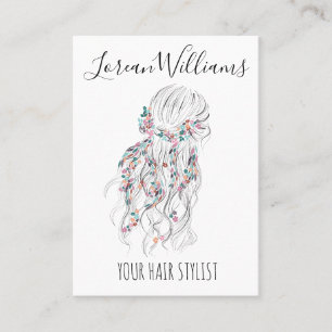 Modern Boho Black White Wavy Hair Style Floral Business Card