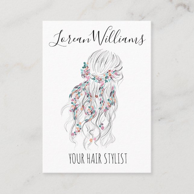 Modern Boho Black White Wavy Hair Style Floral Business Card (Front)