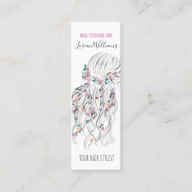 Modern Boho Black White Wavy Hair Style Floral  Mini Business Card (Front)