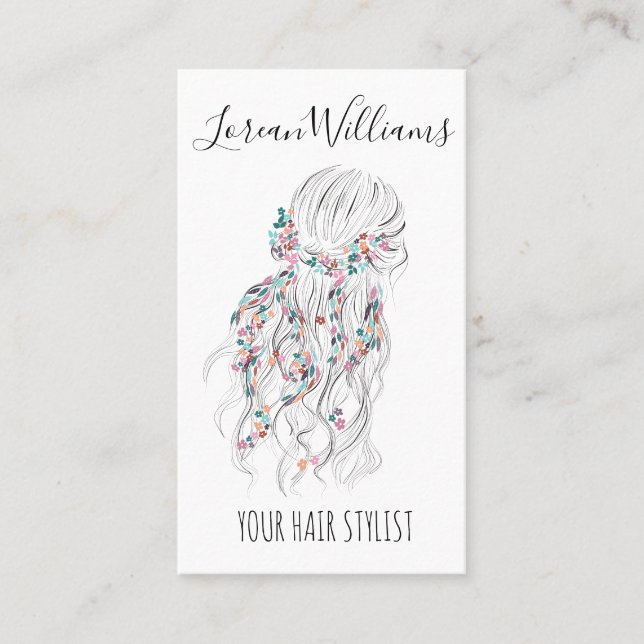 Modern Boho Black White Wavy Hair Style Floral QR Business Card (Front)