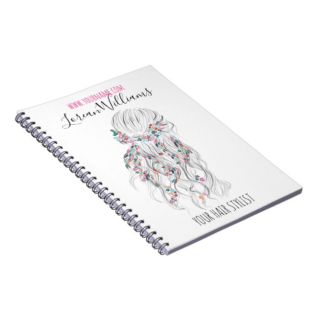Modern Boho Black White Wavy Hair Style Floral  Spiral Notebook (Right Side)