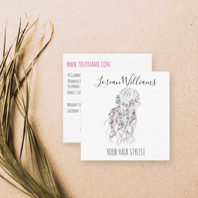 Modern Boho Black White Wavy Hair Style Floral Square Business Card (Creator Uploaded)