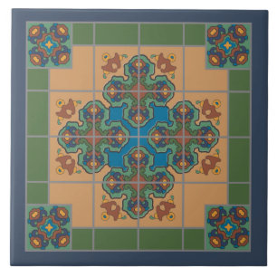 Modern Boho Blue and Green Pattern Rhombus Tile