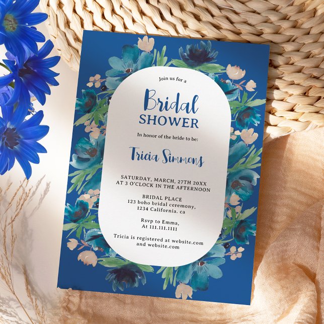 Modern Boho blue floral arch script bridal shower Invitation (Modern Boho blue floral arch script bridal shower Invitation)