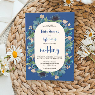 Modern Boho blue floral arch script wedding Invitation