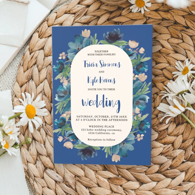 Modern Boho blue floral arch script wedding Invitation (Modern Boho blue floral arch script wedding Invitation)
