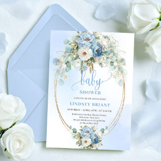 Modern Boho Blue Floral Gold Baby Shower Invite