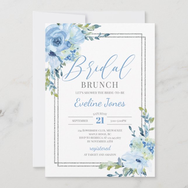 Modern Boho blue floral silver frame Bridal brunch Invitation (Front)