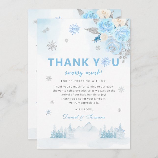 Modern Boho Blue Snowflakes Winter Baby Shower  Thank You Card (Front/Back)