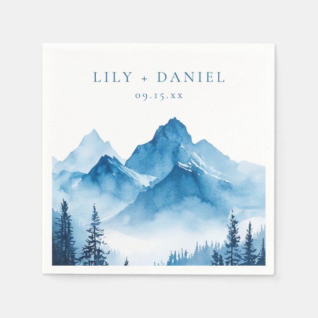 Modern Boho Blue Watercolor Mountains Wedding Napkin (Front)