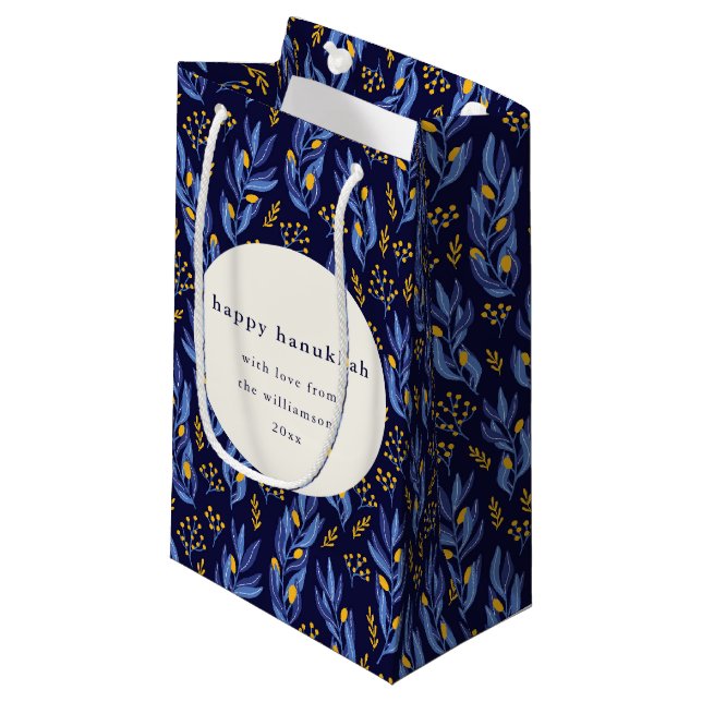 Modern Boho Blue Yellow Hanukkah Botanical Custom Small Gift Bag (Front Angled)