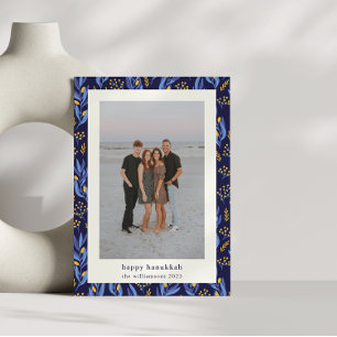 Modern Boho Blue Yellow Hanukkah Botanical Photo Holiday Card