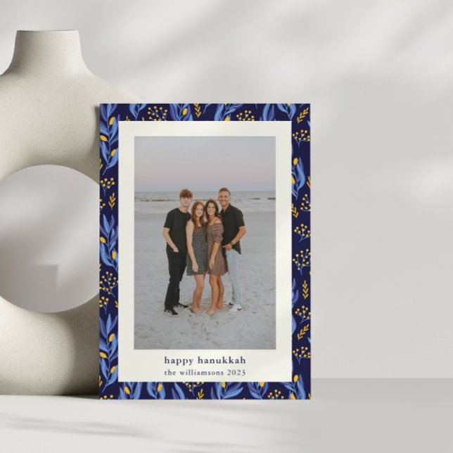 Modern Boho Blue Yellow Hanukkah Botanical Photo Holiday Card (Creator Uploaded)
