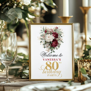 Modern boho blush burgundy 80th birthday 8x10 Sign