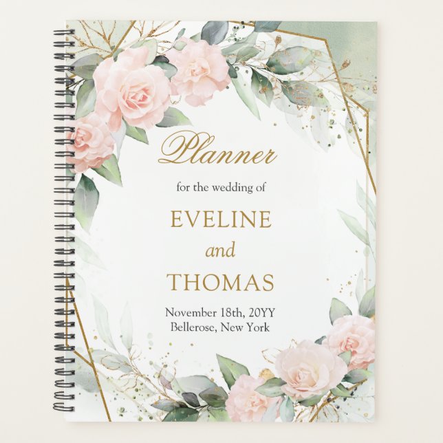 Modern Boho blush floral gold frame wedding Planner (Front)