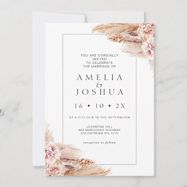 Modern Boho Blush Floral Pampas Grass Wedding Invitation (Front)