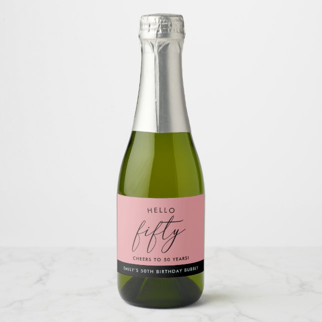 Modern Boho Blush Personalised 50th Birthday Champ Sparkling Wine Label (Front)