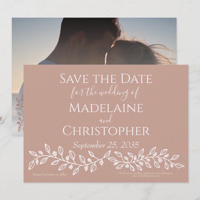 Modern Boho Blush Pink Botanical Photo Wedding  Save The Date (Front/Back)