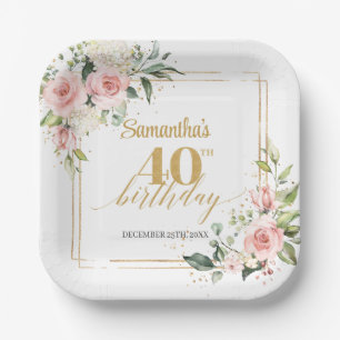 Modern Boho blush pink floral gold 40th birthday Paper Plate