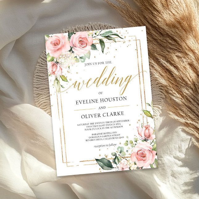 Modern Boho blush pink floral gold frame wedding Invitation (Modern Boho blush pink floral gold frame wedding Invitation)