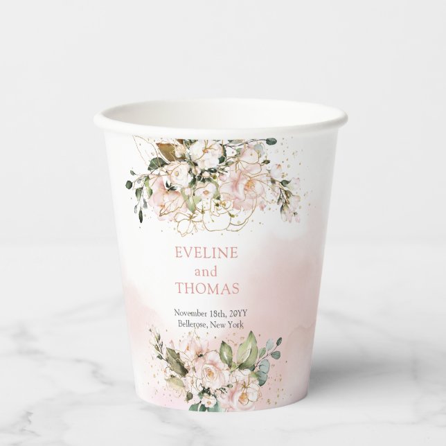 Modern Boho blush pink floral gold sparkle wedding Paper Cups (Front)