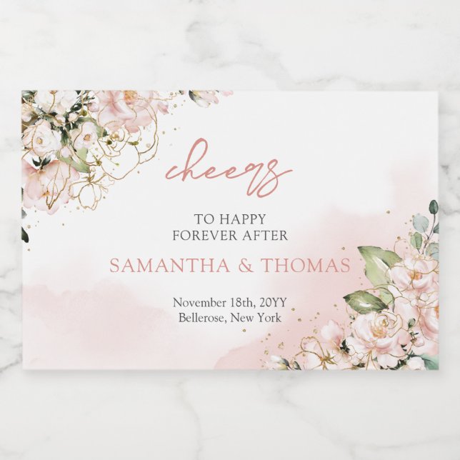 Modern Boho blush pink floral gold sparkles Sparkling Wine Label (Single Label)