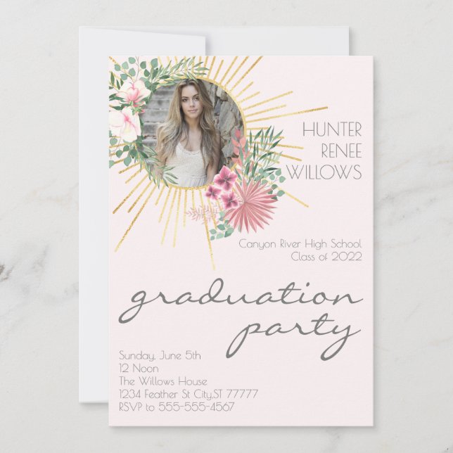 Modern Boho Blush Pink Floral Photo Graduation Invitation (Front)