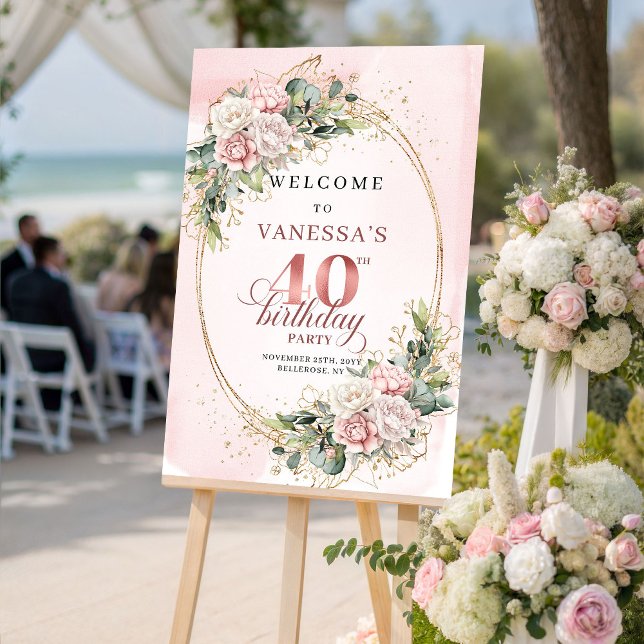 Modern Boho Blush Pink Greenery 40th Birthday Welc Poster (Modern Boho Blush Pink Greenery 40th Birthday Welcome)