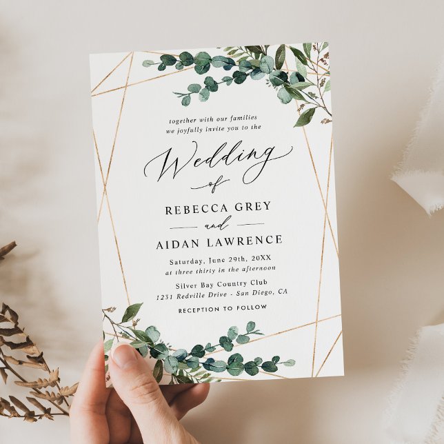 Modern Boho Botanical Greenery Gold Wedding Invitation (Creator Uploaded)