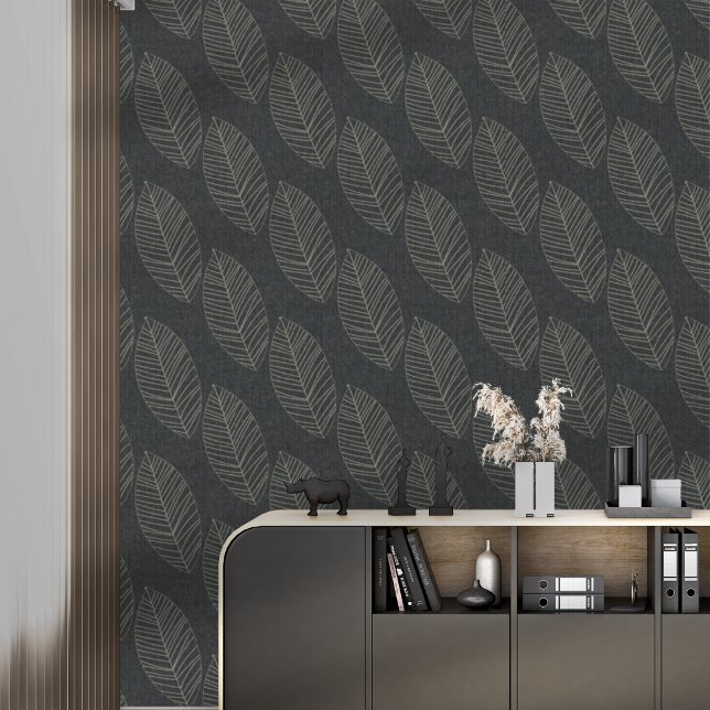 Modern Boho Botanical Leaves On Black Fabric  Wallpaper (Creator Uploaded)