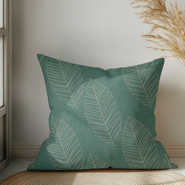 Modern Boho Botanical Leaves On Dark Green Fabric  Cushion (Creator Uploaded)