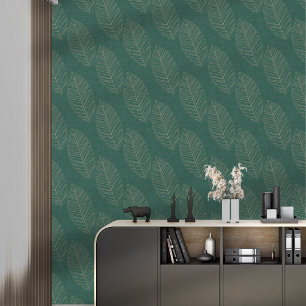 Modern Boho Botanical Leaves On Dark Green Fabric  Wallpaper