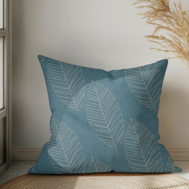 Modern Boho Botanical Leaves On Ocean Blue Fabric  Cushion (Creator Uploaded)