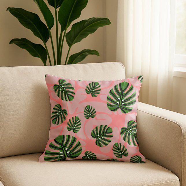Modern Boho Botanical Leaves Pattern Cushion (Modern Boho Botanical Leaves - Coral Throw Pillow)