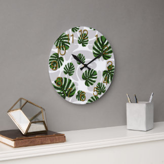 Modern Boho Botanical Leaves Pattern Large Clock
