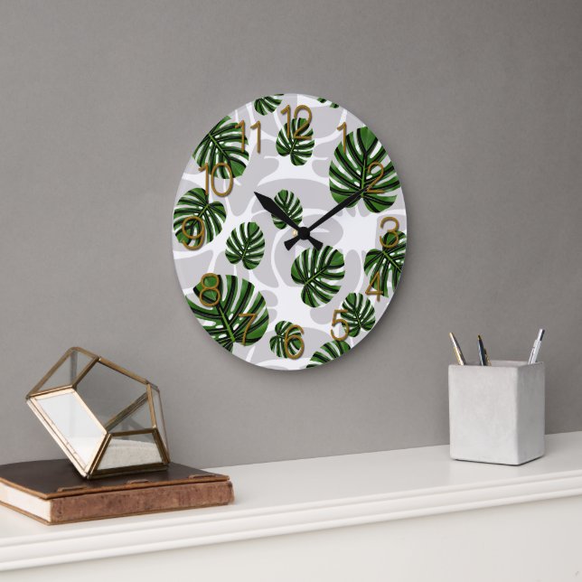 Modern Boho Botanical Leaves Pattern Large Clock (Office)