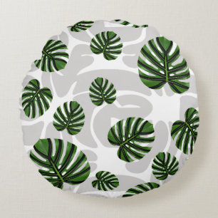 Modern Boho Botanical Leaves Pattern Round Cushion