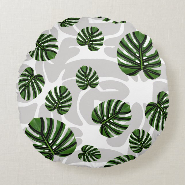 Modern Boho Botanical Leaves Pattern Round Cushion (Front)