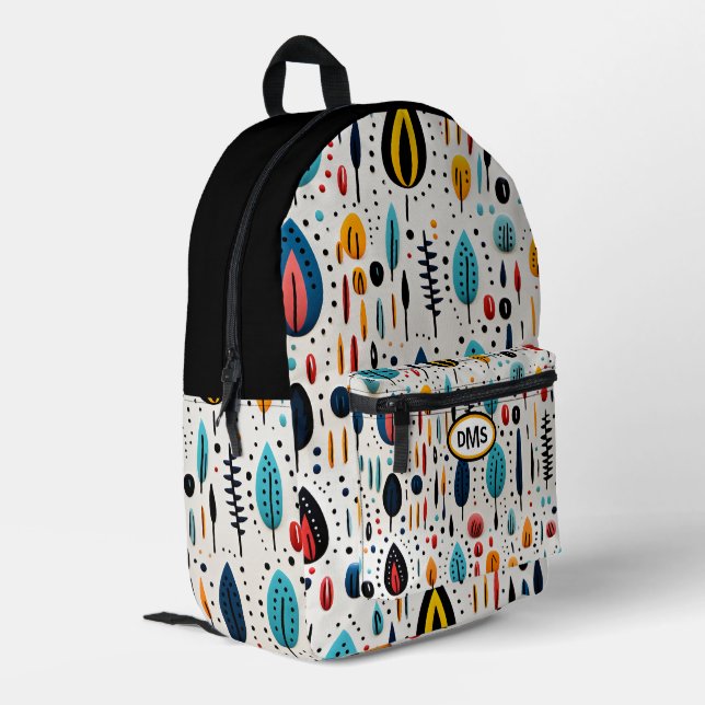 Modern Boho Botanical Pattern Monogram Printed Backpack (Back Corner Left)