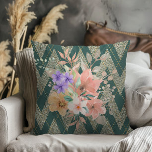 Modern Boho Botanical With Glitter Chevron Teal Cushion