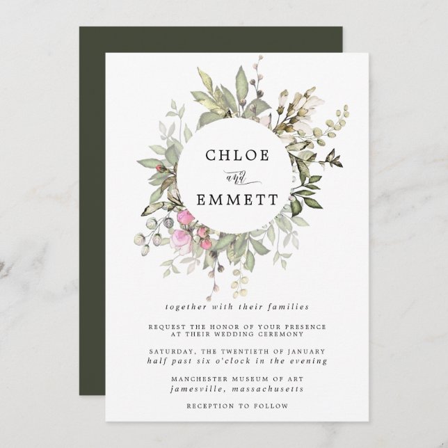 Modern Boho Botanical Wreath Wedding Invitation (Front/Back)
