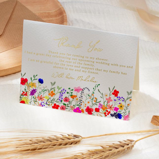 Modern boho bright wild flowers bridal thank you foil greeting card (Creator Uploaded)