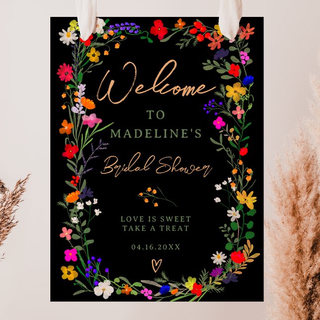 Modern boho bright wild flowers bridal welcome poster (Modern boho bright wild flowers bridal welcome poster on black)