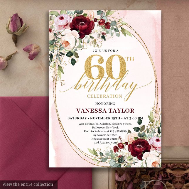 Modern Boho Burgundy Blush Floral 60th Birthday Invitation (Modern Boho Burgundy Blush Floral 60th Birthday)