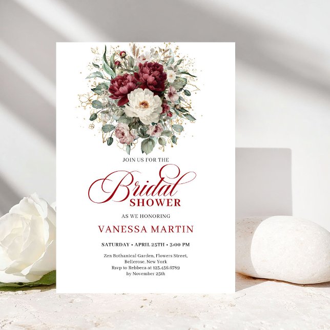 Modern Boho Burgundy Eucalyptus Gold Bridal Shower Invitation (Modern Boho Burgundy Eucalyptus Gold Bridal Shower Invitation)