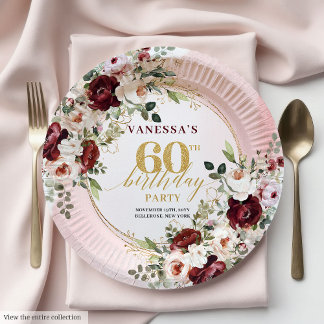 Modern Boho Burgundy Gold Floral 60th Birthday Paper Plate